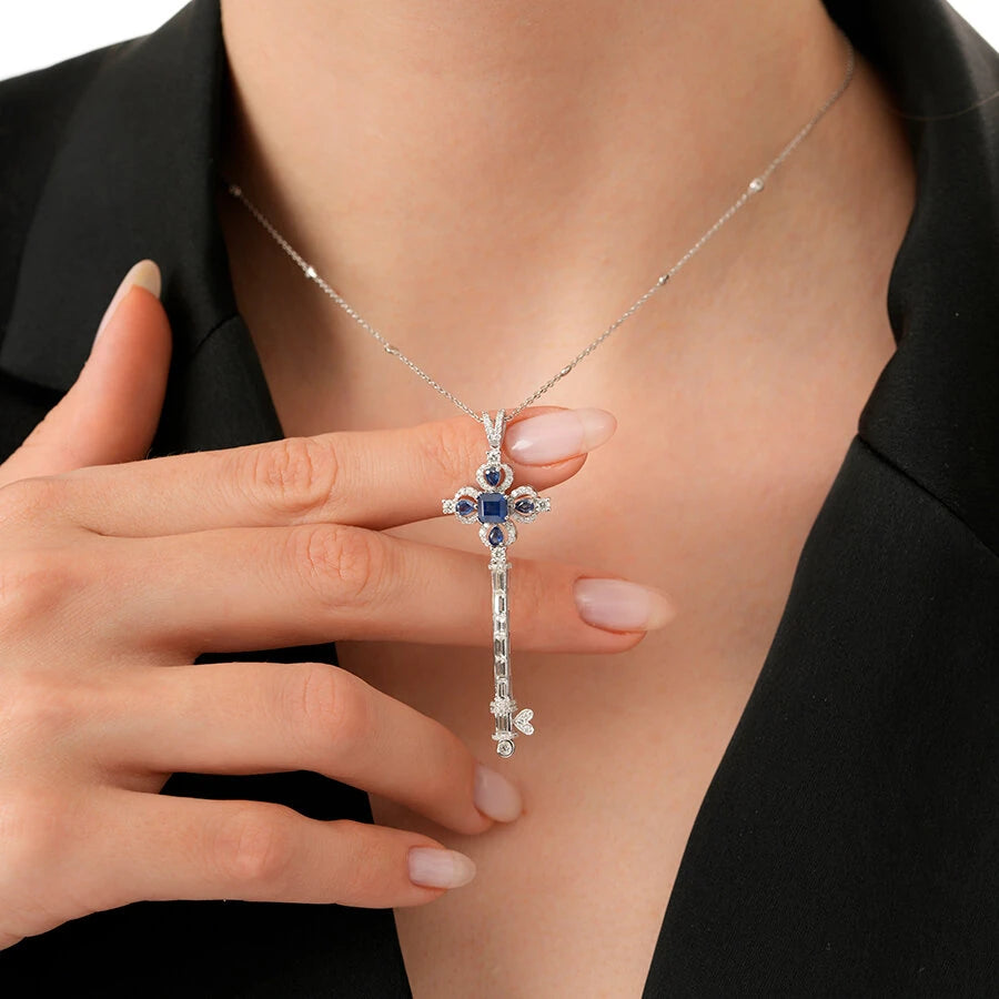 2.53 Carat Diamond Sapphire Key Necklace