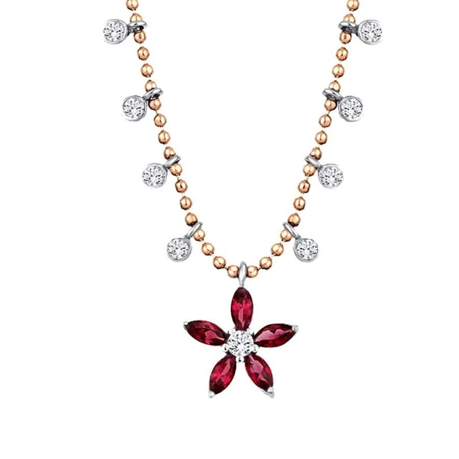 0.73 Carat Diamond Ruby Flower Necklace