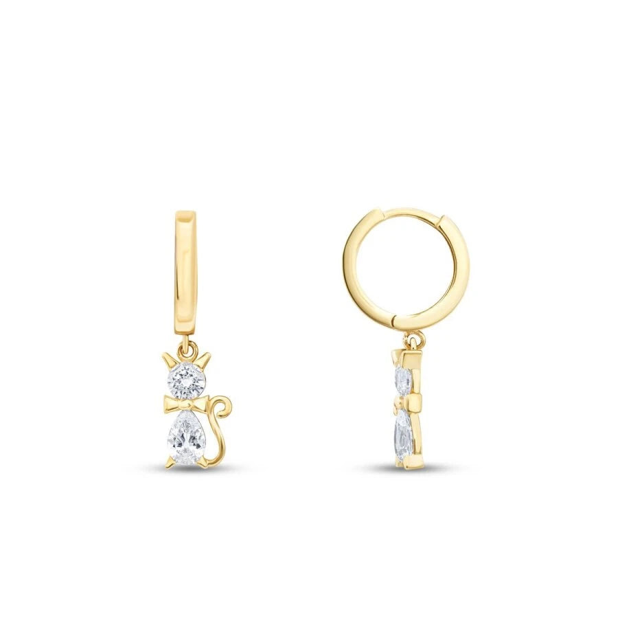 Gold Ohrringe mit Katzenmotiv und Stein