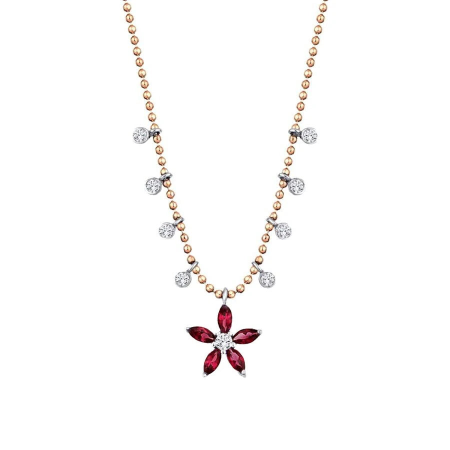 0.73 Carat Diamond Ruby Flower Necklace